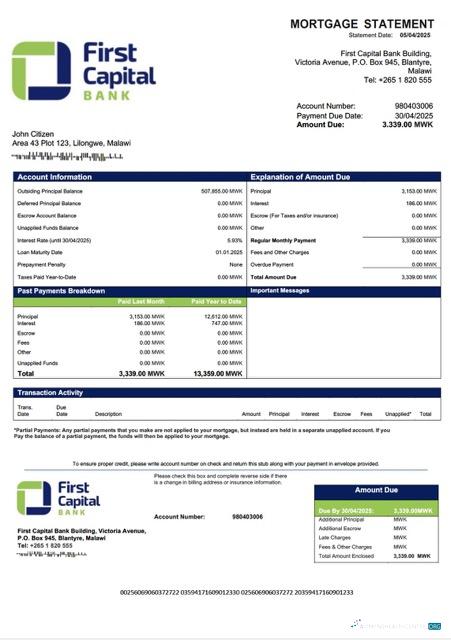 Download Malawi First Capital Bank Malawi mortgage statement Word and PDF template Photoshop template
